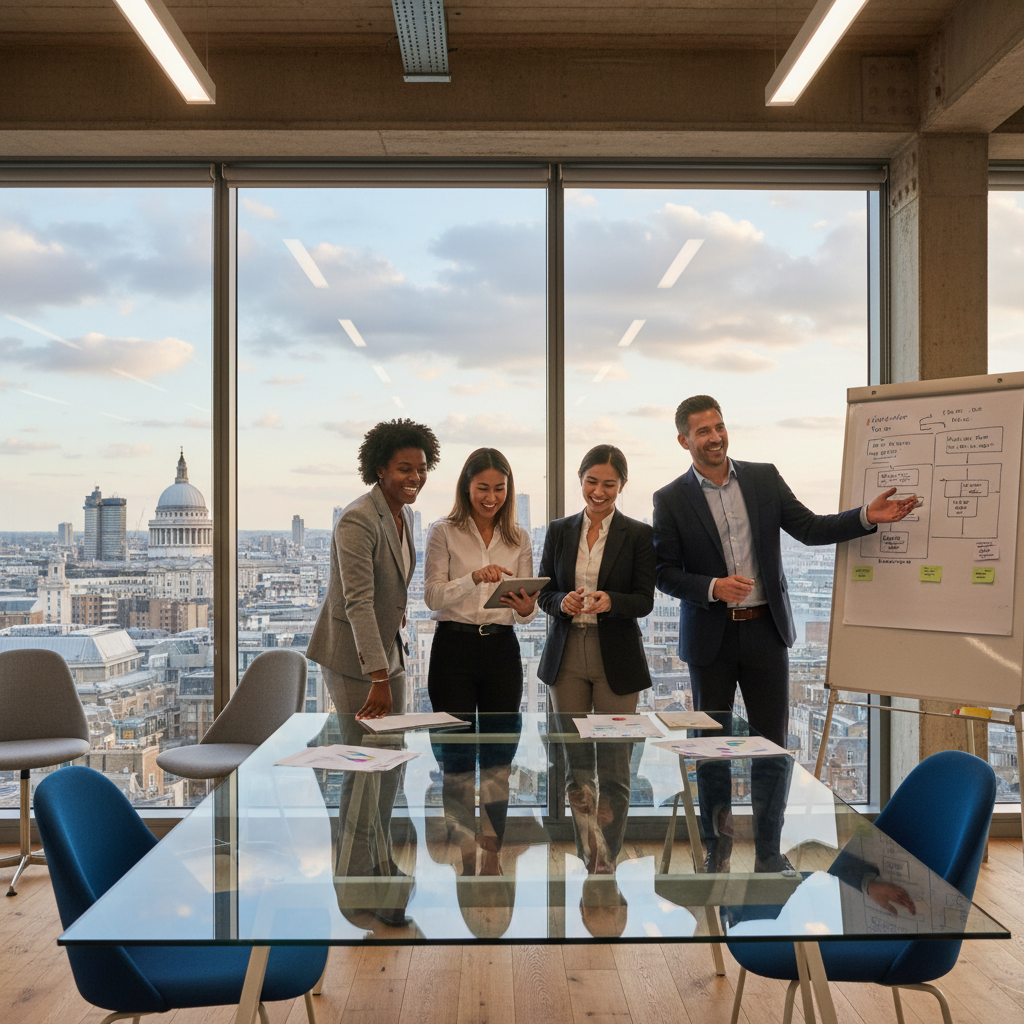 A diverse group of smiling business professionals from various backgrounds collaborating in a modern, light-filled UK office, with the London skyline visible in the background through a large window, symbolizing global business opportunities.