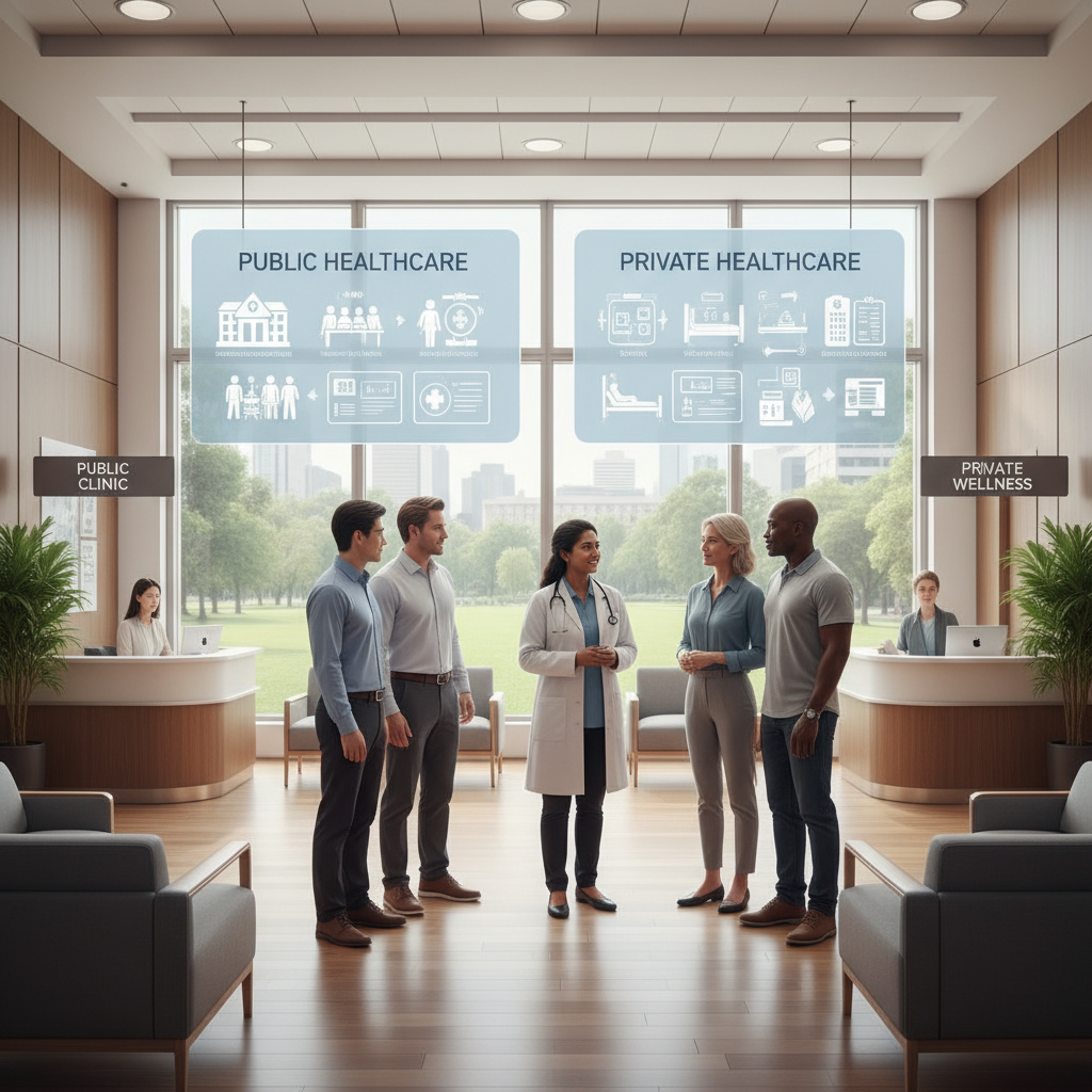 A diverse group of people, representing different nationalities and ages, consulting with a healthcare professional in a modern, well-lit clinic. The setting is welcoming and professional, illustrating the difference between public and private healthcare options. Photorealistic style.
