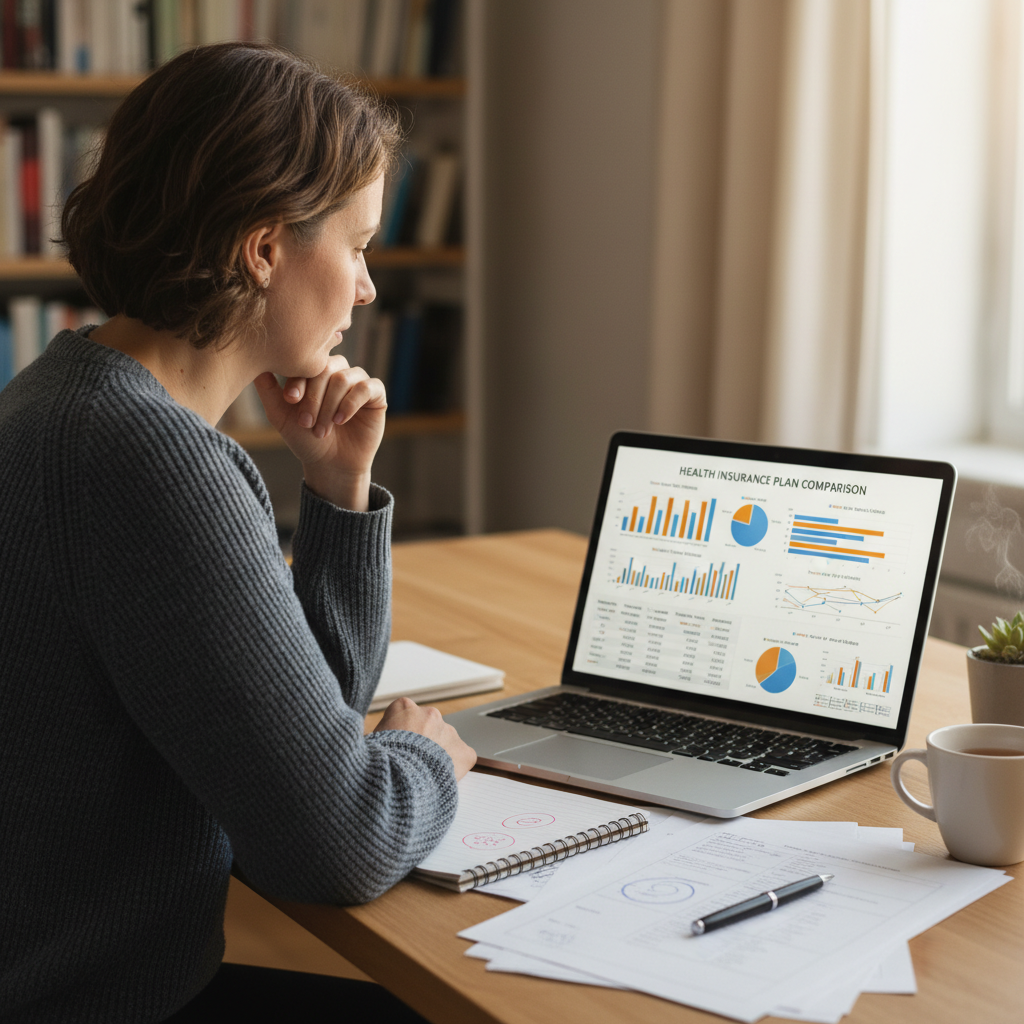 A person sitting at a desk, looking thoughtfully at a laptop screen displaying various health insurance comparison charts and policy details. There are papers and a pen on the desk. The atmosphere is calm and focused, representing the process of comparing insurance plans. Photorealistic, soft lighting.