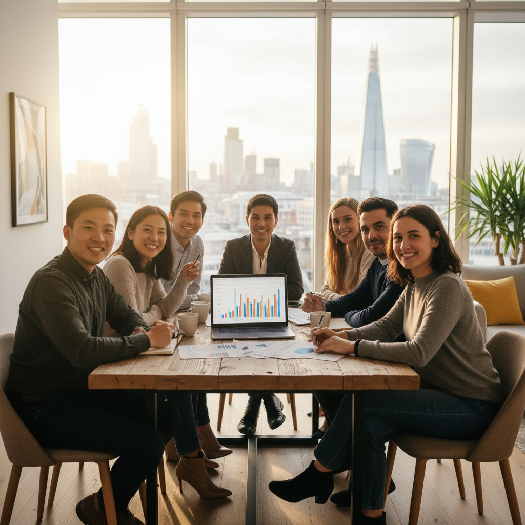 A diverse group of smiling expats from various backgrounds are gathered around a table in a modern, bright apartment in London, looking at a laptop and some documents with a relaxed and confident expression. The iconic London skyline is visible through the window in a soft focus.