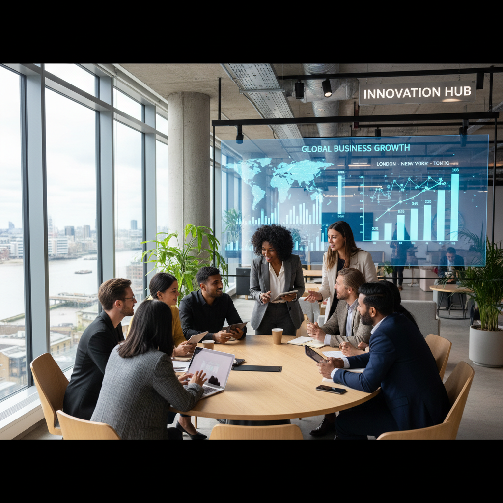A diverse group of entrepreneurs in a modern, light-filled co-working space in London, collaborating around a large screen displaying business growth charts. The atmosphere is energetic and collaborative, with a focus on innovation and global connectivity.