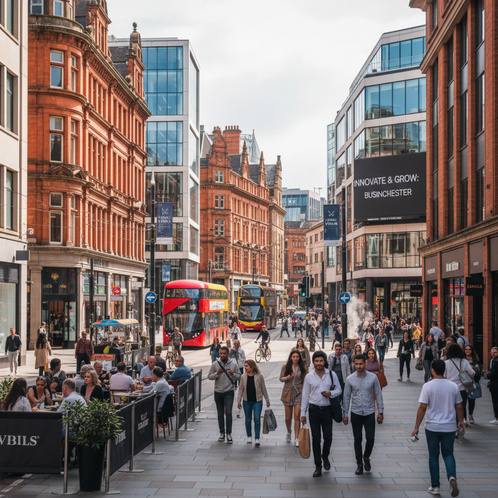 A vibrant street scene in a bustling UK city like Manchester or Birmingham, showing a mix of historic and modern architecture, with people walking by various shops and cafes. The mood is lively and inviting, reflecting a good quality of life and business opportunities.