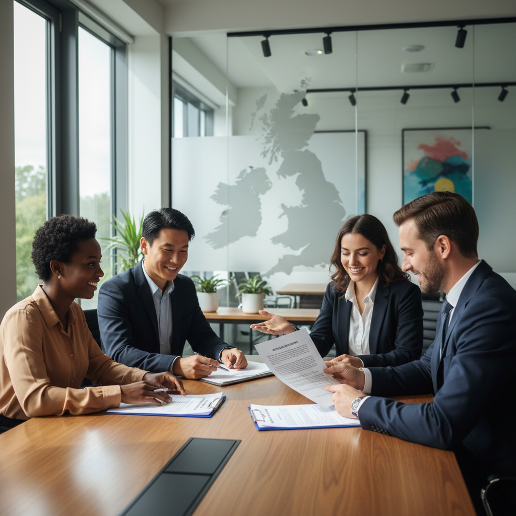 A diverse group of expats happily reviewing mortgage documents with a friendly financial advisor in a modern, sunlit office, with a map of the UK faintly visible in the background, realistic and professional style