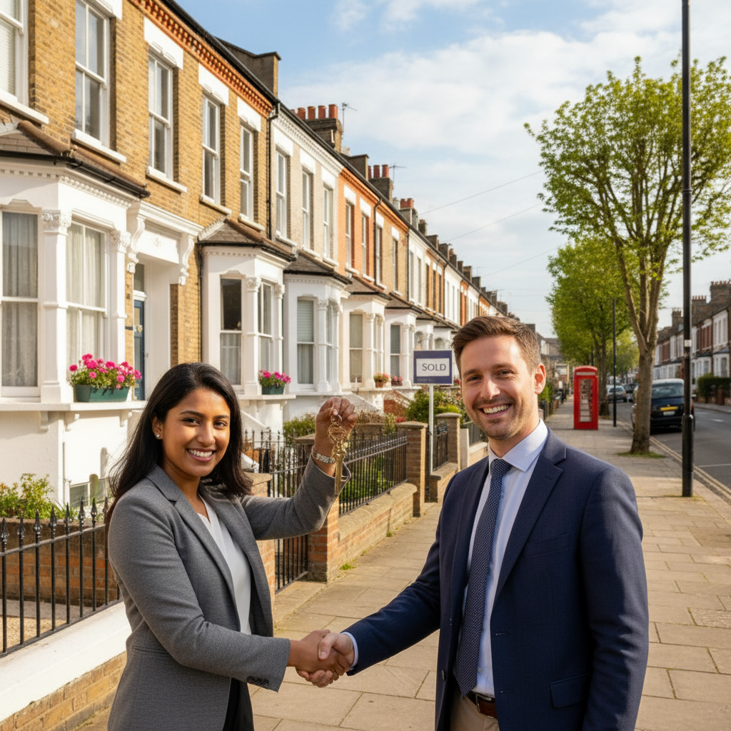 A professional, diverse expat couple smiling confidently as they receive keys to their new UK home from a real estate agent, with a traditional British street and red brick house in the background, sunny and optimistic scene, photorealistic