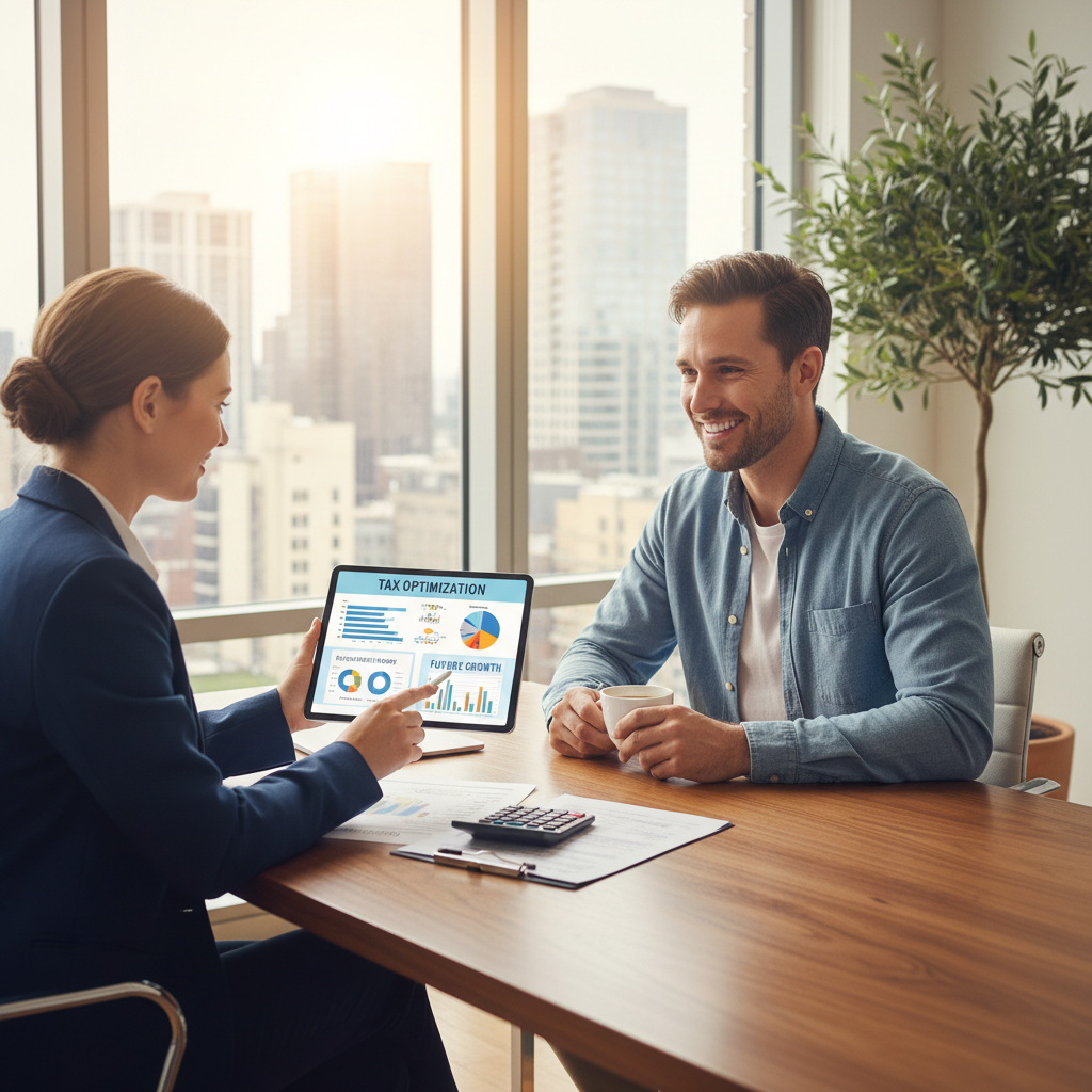 A vibrant, photorealistic image of a professional financial advisor in a modern, brightly lit office, explaining complex tax documents to a happy expat client using clear visual aids on a tablet, symbolizing clarity and peace of mind in financial planning.