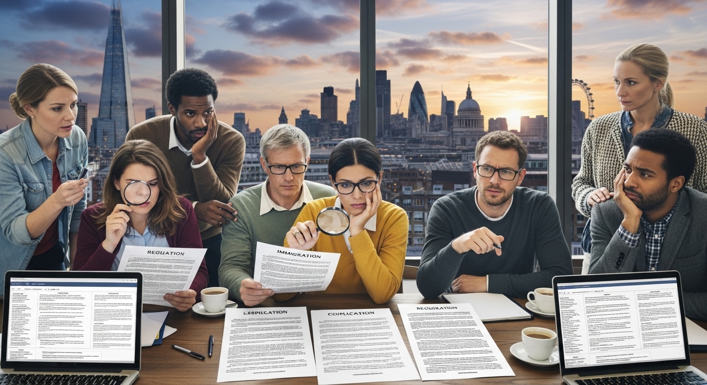 A diverse group of expats looking confused at complex legal documents, with a silhouette of London in the background, vibrant and photorealistic.