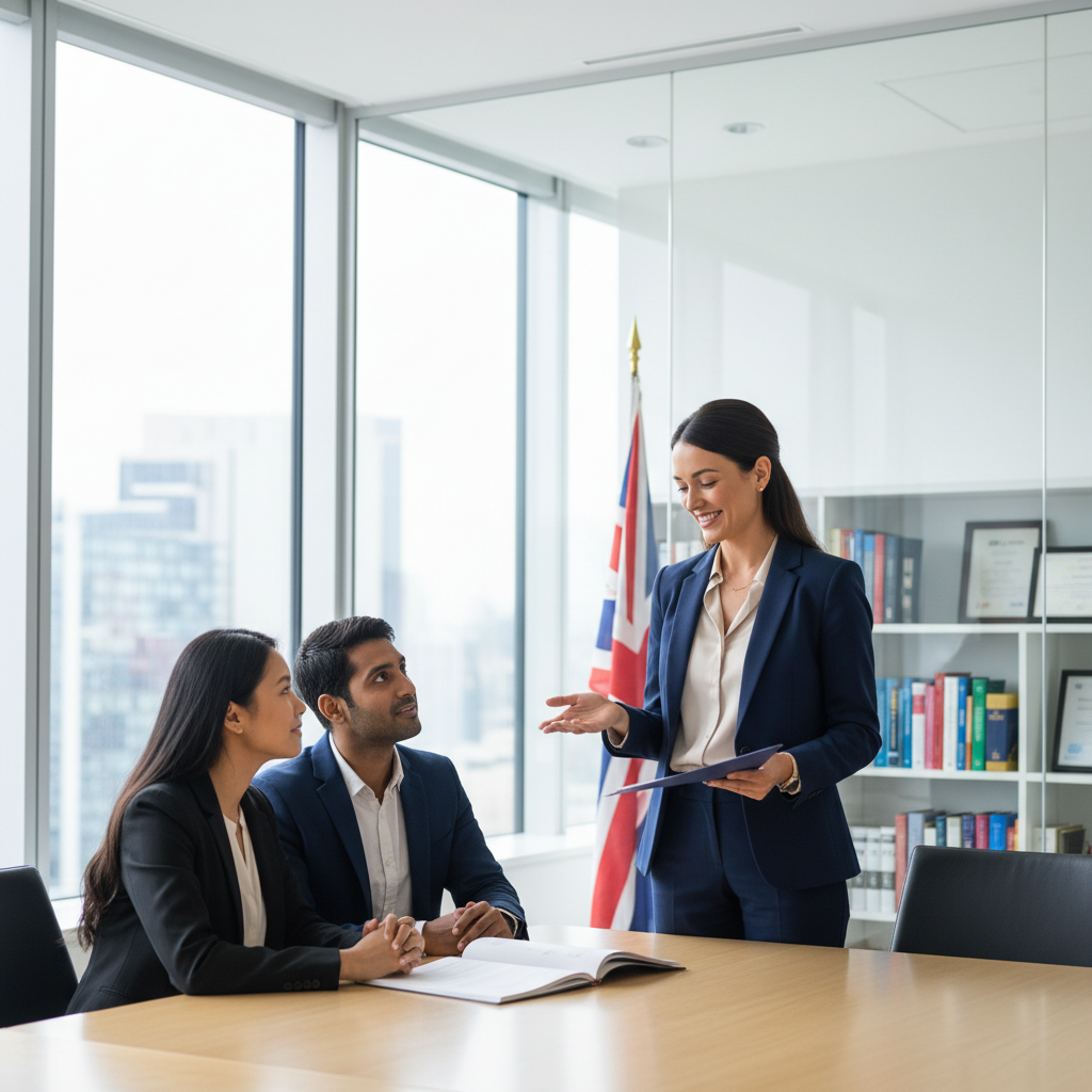 A professional female immigration lawyer in a modern, light-filled office, smiling reassuringly while explaining a document to a diverse expat couple, with a British flag subtly in the background, highly detailed and realistic.