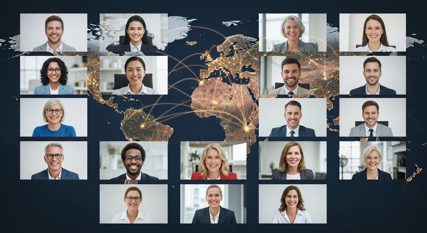A diverse group of business professionals from different countries collaborating remotely on a video call, with a world map overlay in the background, symbolizing global business operations and challenges. The mood is slightly complex but optimistic.