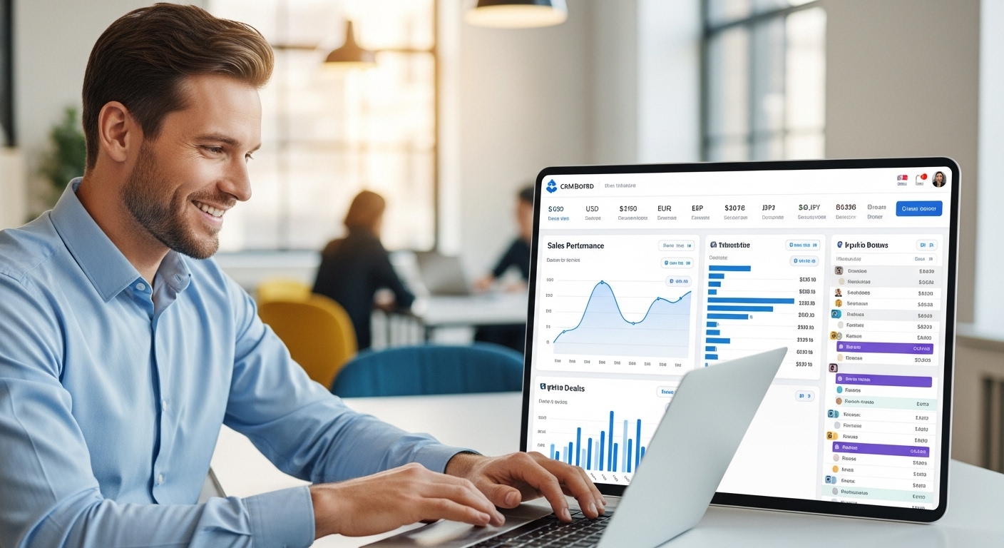 A sleek, modern dashboard of a CRM software displaying various metrics like sales performance, customer interactions, and pipeline management. The screen shows data in multiple currencies and languages, with a smiling UK expat business owner in the foreground confidently using a laptop. The setting is bright and professional.