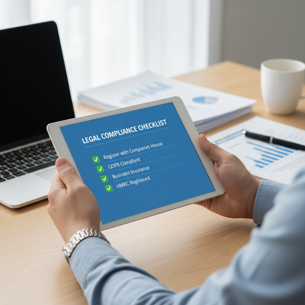 A hand holding a tablet displaying a checklist of legal compliance items, such as 'Register with Companies House', 'GDPR Compliant', 'Business Insurance', 'HMRC Registered', with a green tick next to each item. The background is a clean, modern desk with a laptop and some business documents, conveying organization and due diligence.