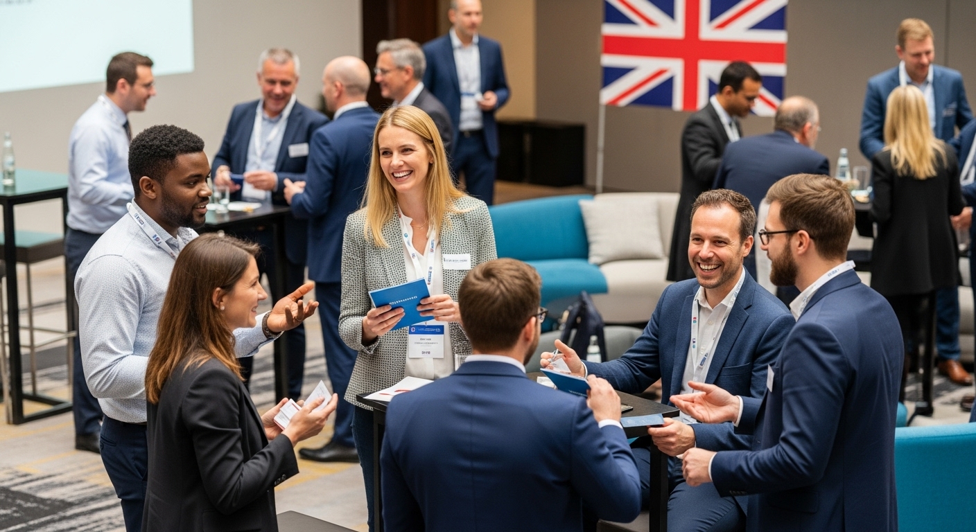 A diverse group of expat entrepreneurs happily networking at a UK business event, discussing various funding options, with a subtle British flag in the background, realistic and detailed.