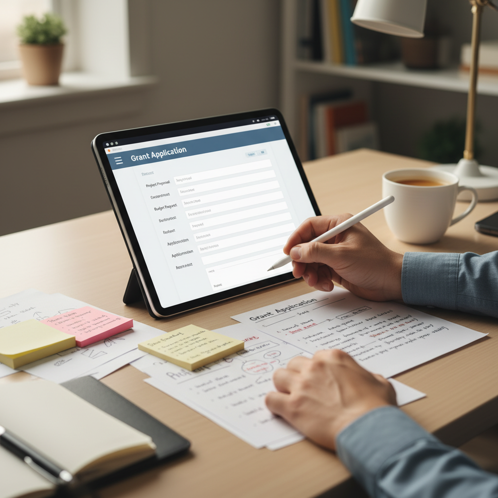 A close-up shot of a hand filling out a grant application form on a tablet, surrounded by notes and a cup of coffee, signifying diligent work, professional and clean aesthetic.