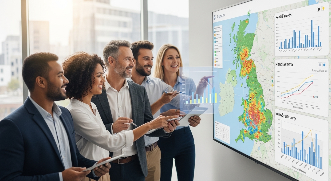 A diverse group of smiling expats from various countries looking at a modern digital map of the UK property market, with data visualizations showing growth and rental yields. The atmosphere is optimistic and professional.