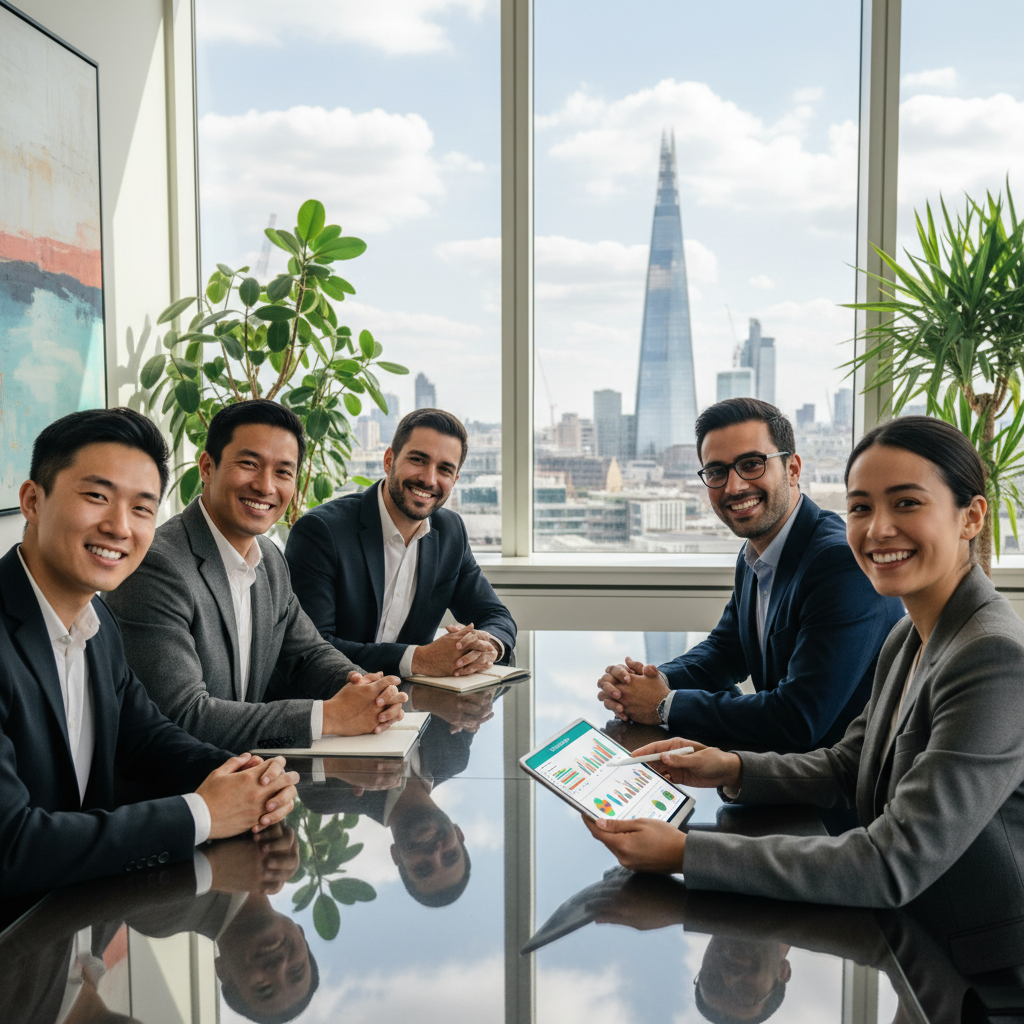 A diverse group of smiling expats from various countries, looking confident and relaxed while sitting in a modern, light-filled office, having a positive discussion with a professional financial advisor who is pointing at a digital financial plan on a tablet. The scene conveys trust and clear communication, with a subtle background of London city views.