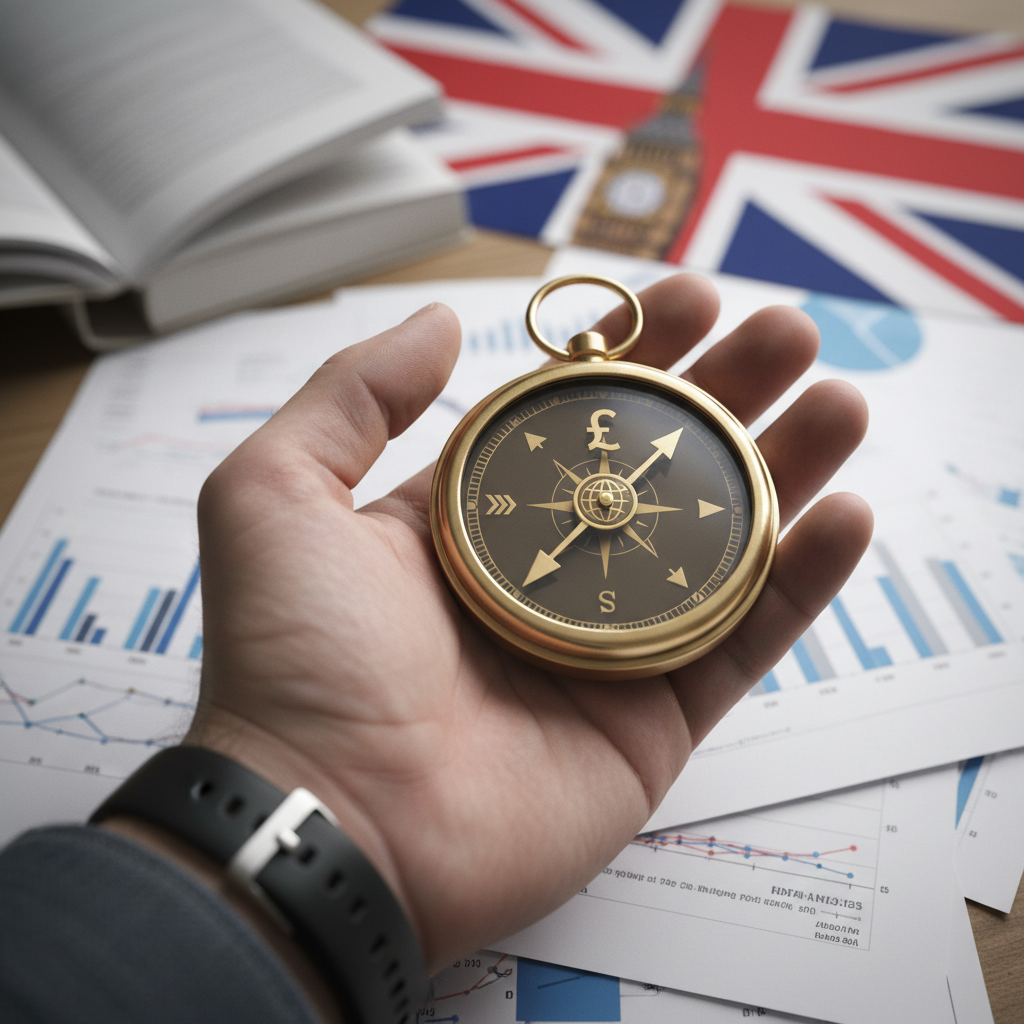 A close-up shot of a hand holding a stylized compass, with a blurred background showing financial documents and a UK flag subtly visible, symbolizing direction and guidance in complex financial landscapes for expatriates.